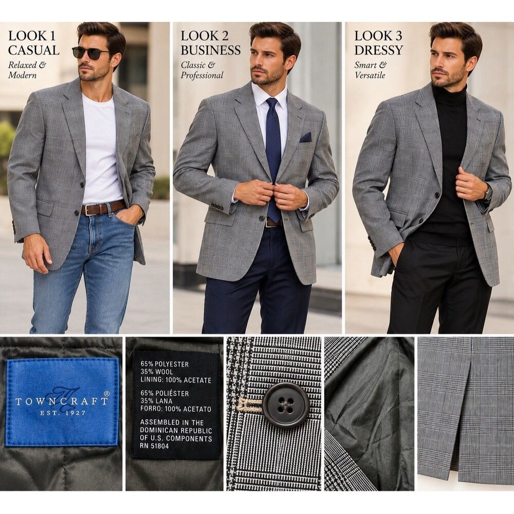 Town Craft Blazer  Jacket Gray MensWool Blend  Plaid 2-Button Classic